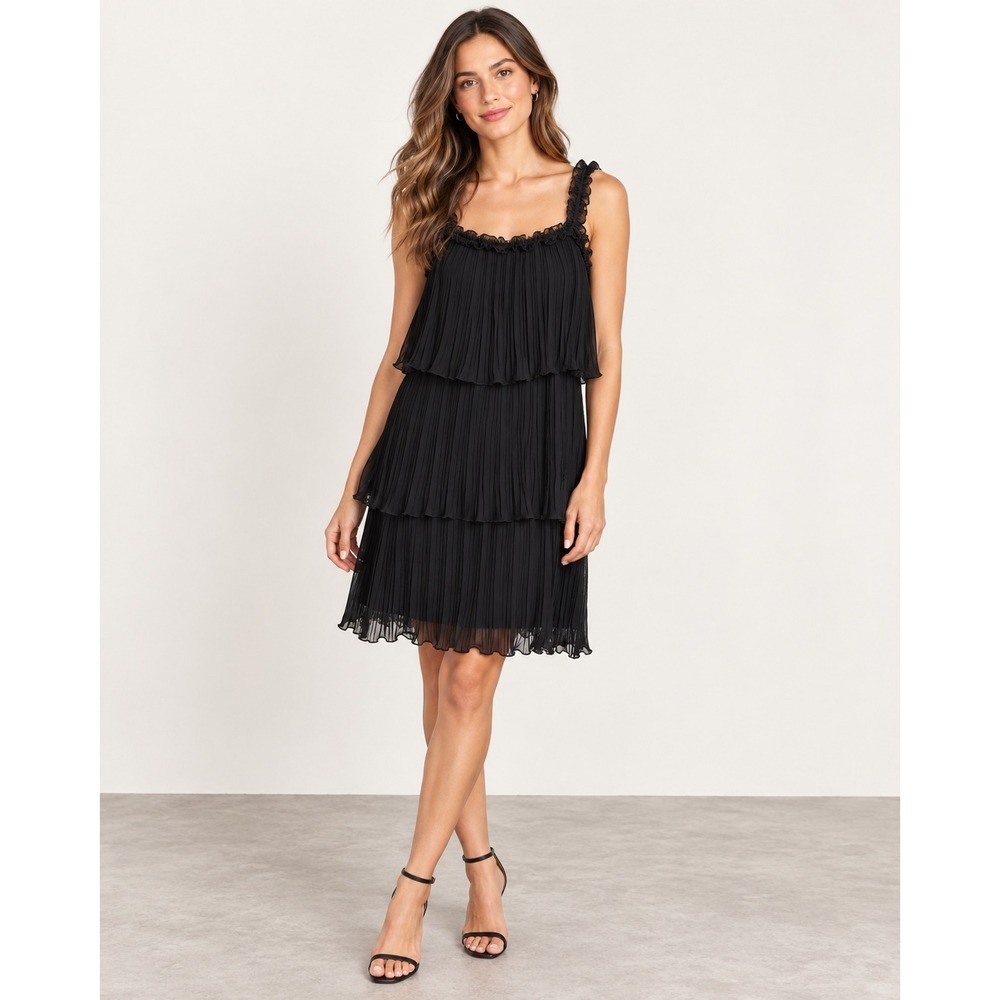 NWT DKNY Black Pleated Layered Ruffle Dress Size 6 $139